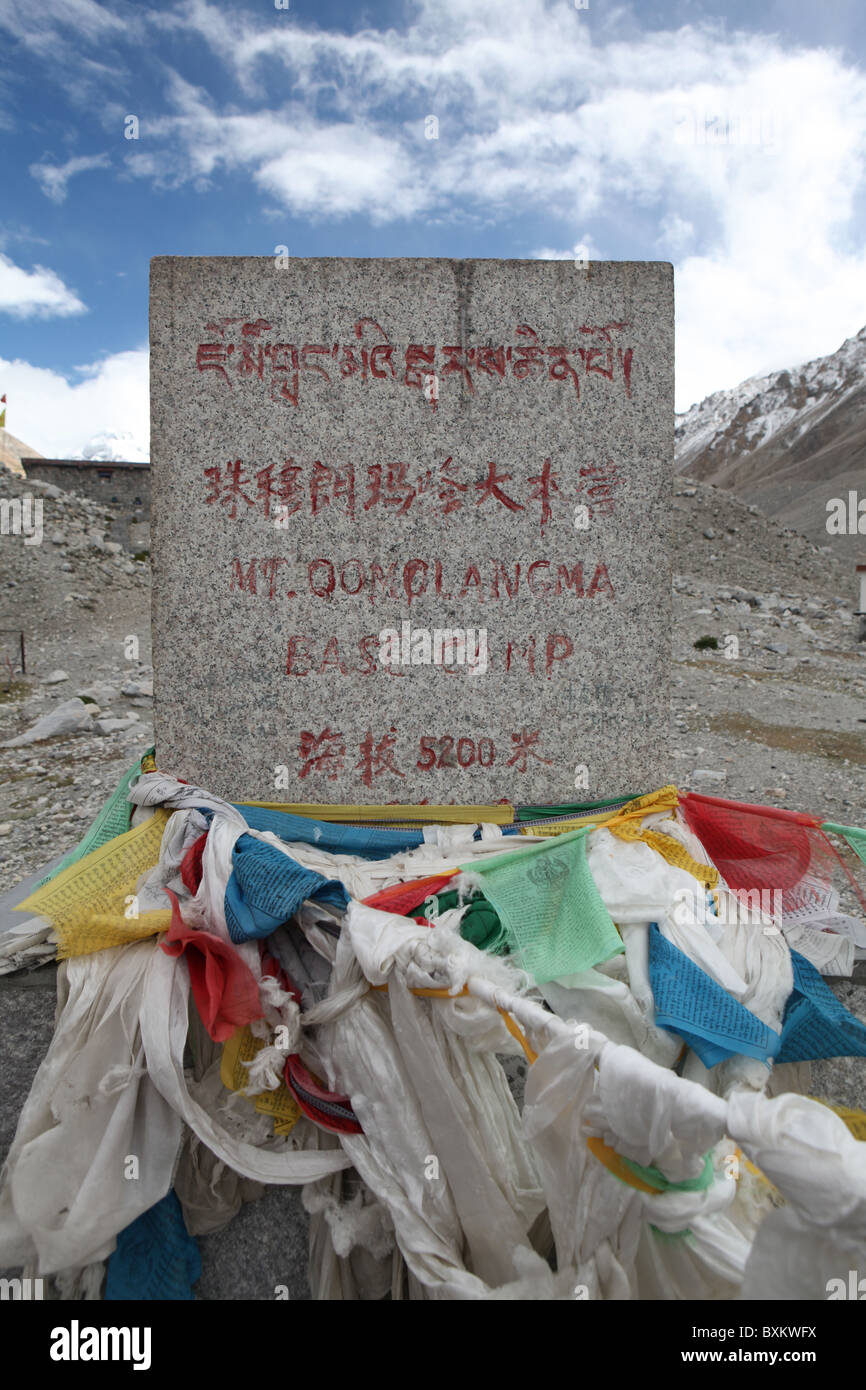 Il cartello in north face di Everest o Qomolangma dal campo base o ebc in Tibet, in Cina. Foto Stock