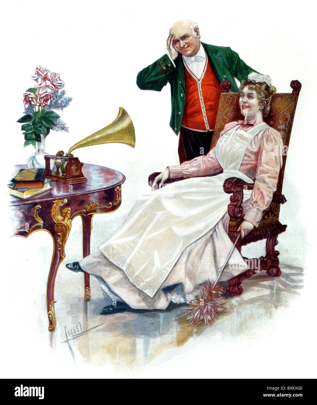 Musica, personale domestico ascolto musica dal fonografo Edison con tromba, Germania, circa 1900, diritti aggiuntivi-clearences-non disponibile Foto Stock