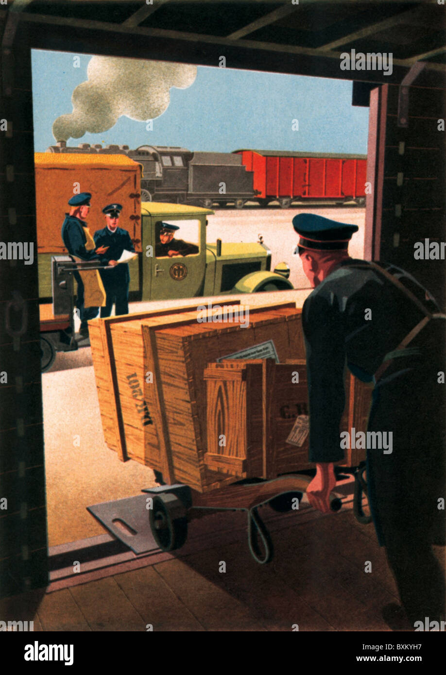 Trasporto / trasporto, ferrovia, trasporto di merci, Ferrovia dello Stato tedesco, scarico di scatole di legno, Germania, circa 1934, diritti-aggiuntivi-clearences-non disponibile Foto Stock