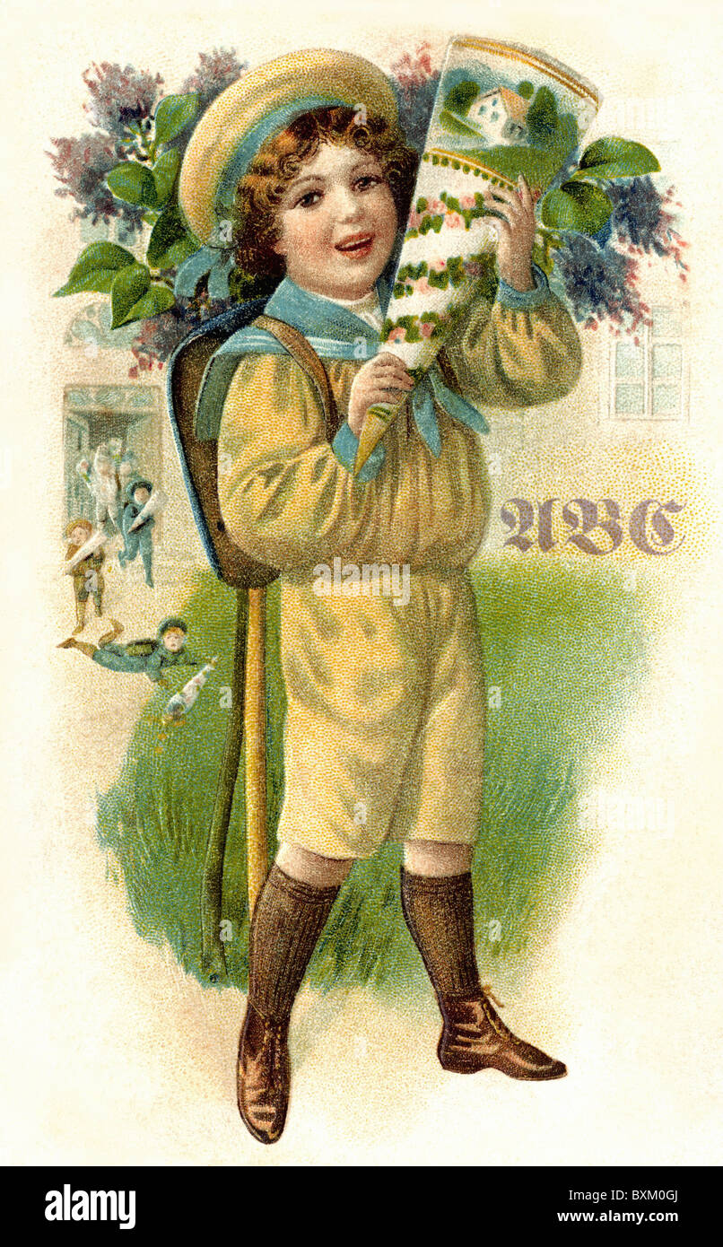 Istruzione, scuola, iscrizione, alunno con il cono scolastico, litografia, Germania, circa 1912, diritti aggiuntivi-clearences-non disponibili Foto Stock