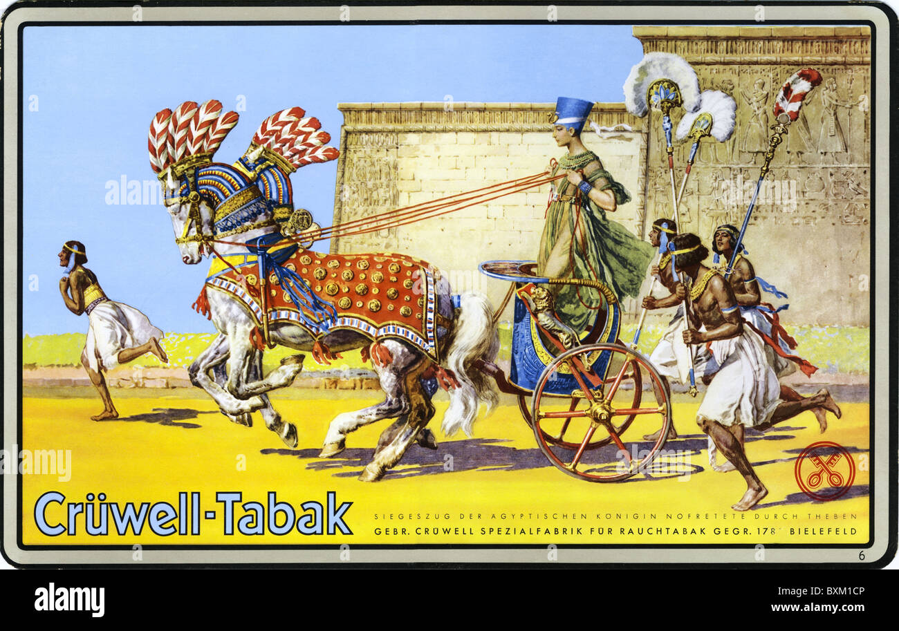 Nefertiti, circa 1370 a.C. circa 1330 a.C., Faraone egiziano, Regina d'Egitto, processione trionfale attraverso Tebe, nuovo Regno, pubblicità per Cruewell Tabac, illustrazione, Foto Stock