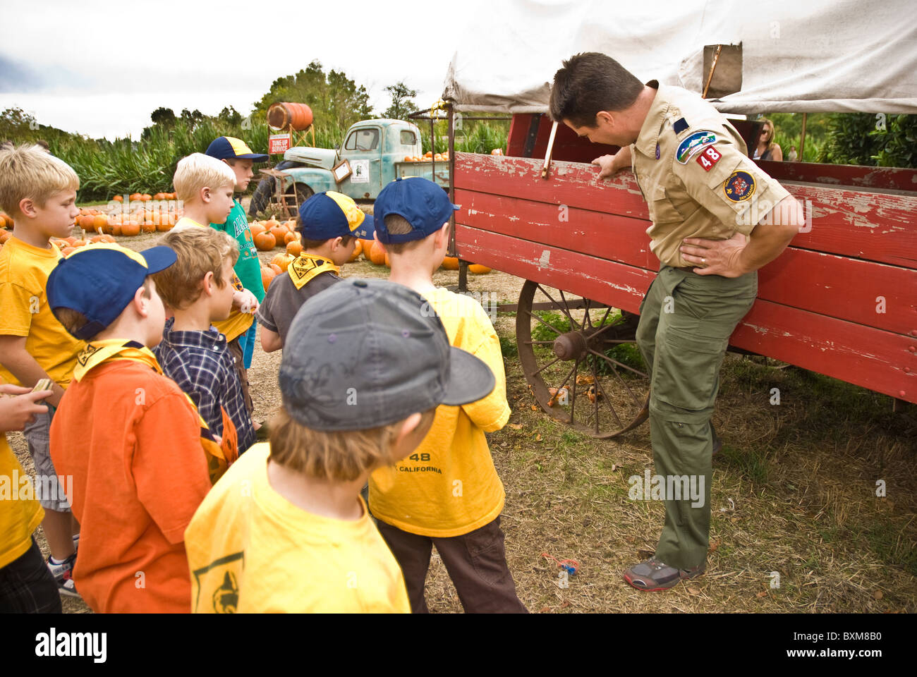 Cub Scout su una gita ad una fattoria di zucca Foto Stock