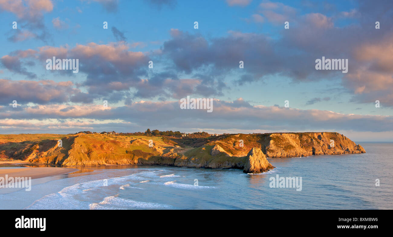 Serata a sole tre Cliffs Bay, West Glamorgan, Galles Foto Stock