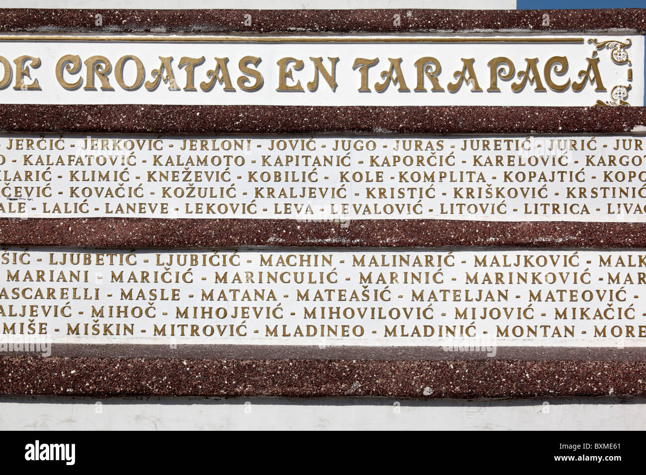 Dettaglio del monumento al croato degli immigrati nella regione di Tarapaca, Plaza slava, Iquique , Regione I, Cile Foto Stock