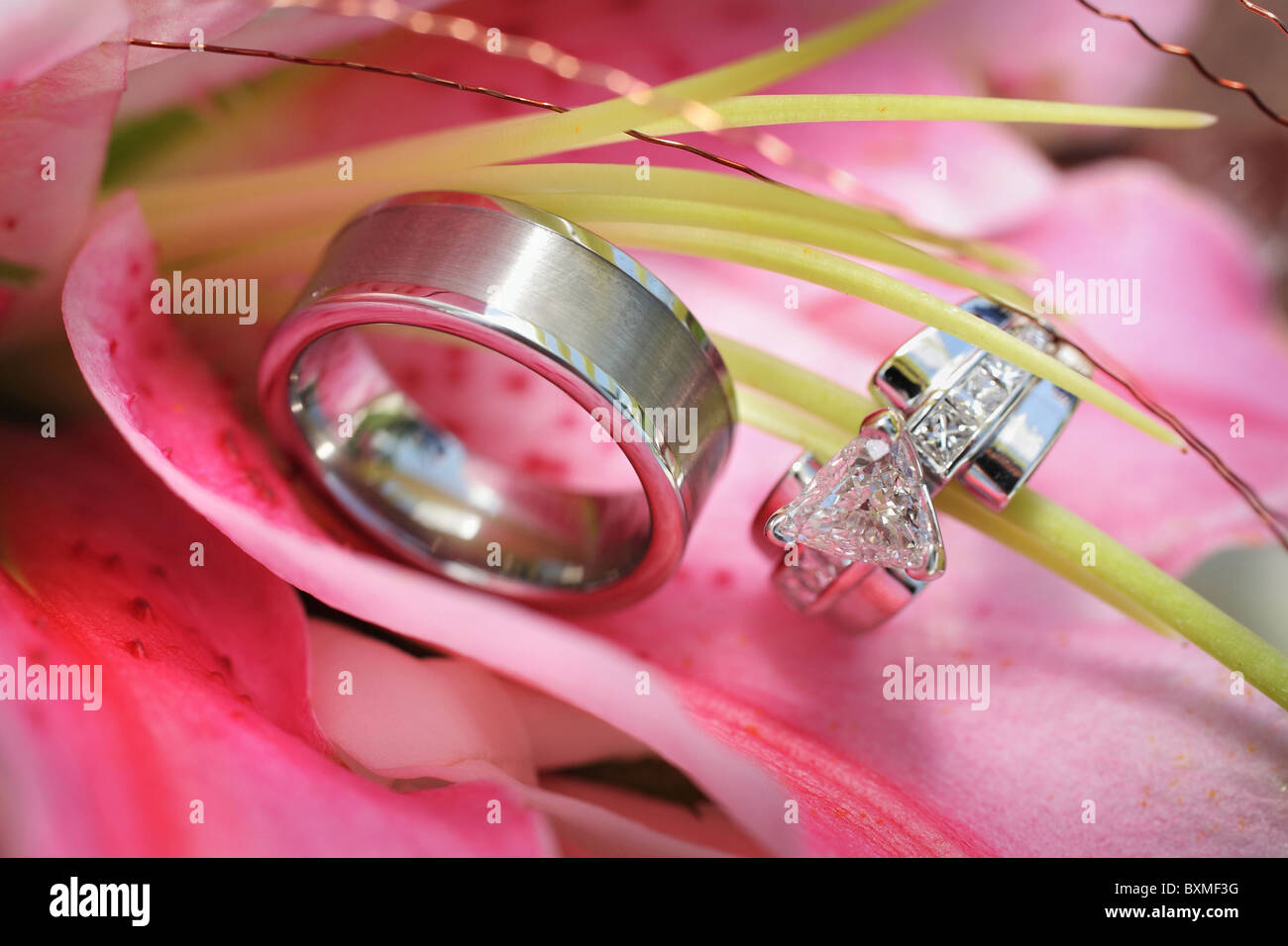 Due anelli di nozze su vivacemente colorato fiore Foto Stock
