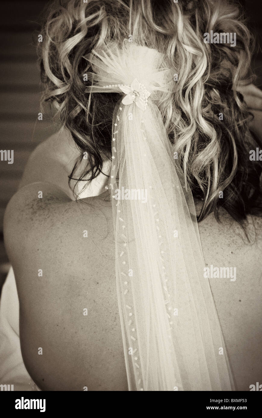 Sposa moderna dancing vista posteriore dei capelli e velo Foto Stock