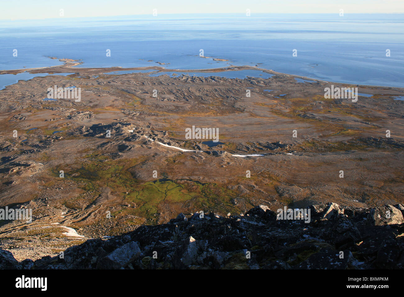 Hornsundneset (Pianura), Palffyodden, Mare di Groenlandia, Hornsund, vista da Hohenlohefjellet (picco), Sorkappland, Spitsbergen Foto Stock