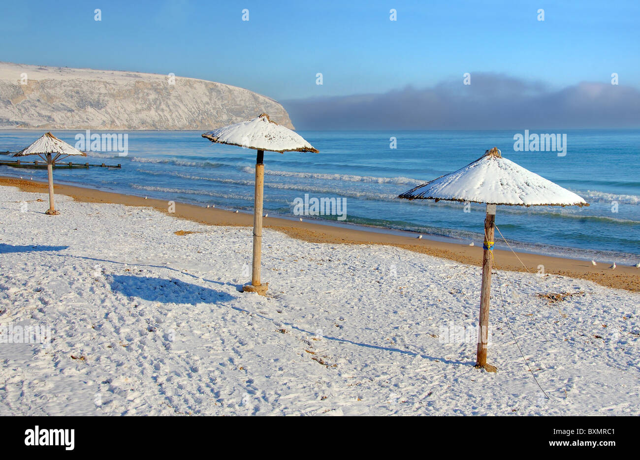 Vista insolita di Hawaiian ombrelloni da spiaggia coperta di neve. Foto Stock