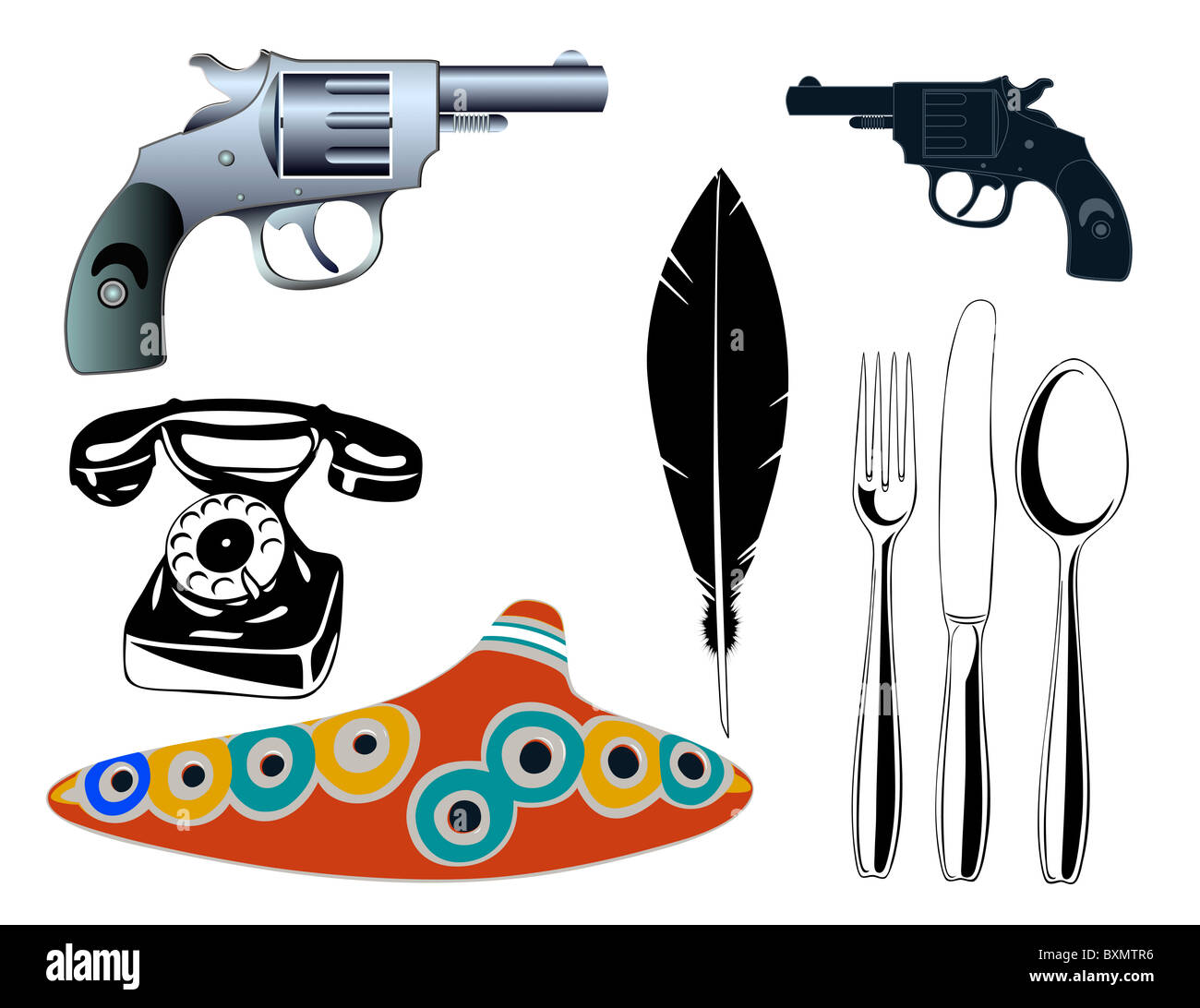 Pistole, strumento musicale vecchio telefono, coltello, forchetta e cucchiaio, quill Foto Stock