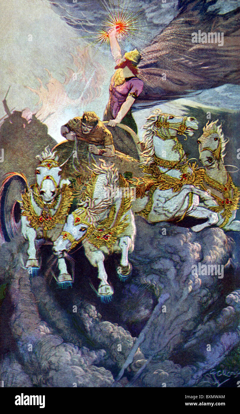 Merodach (l'Ebraico biblico nome per la divinità mesopotamiche Marduk, patrono dio di Babilonia) avanza contro Tiamat, Foto Stock