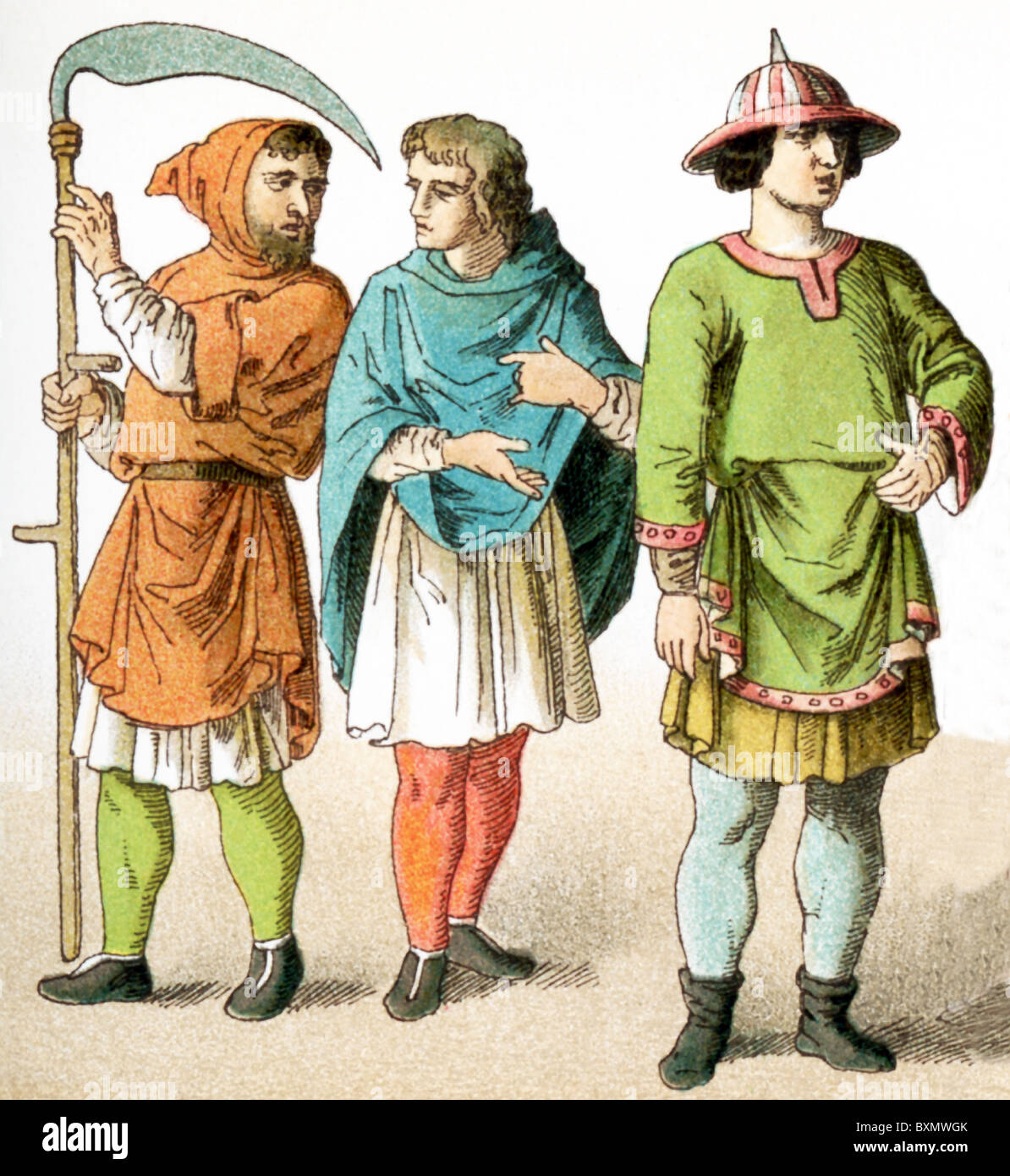 Le figure rappresentano il popolo francese circa A.D. 1100. Essi sono, da sinistra a destra: due contadini e un uomo di rango. Foto Stock