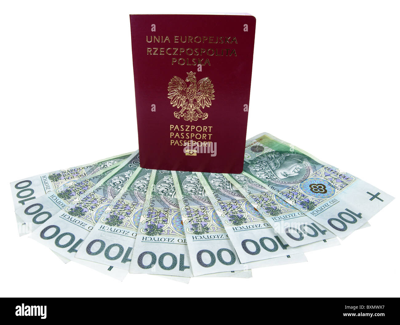 Passaporto dell'Unione europea e il denaro polacco isolato su bianco Foto Stock