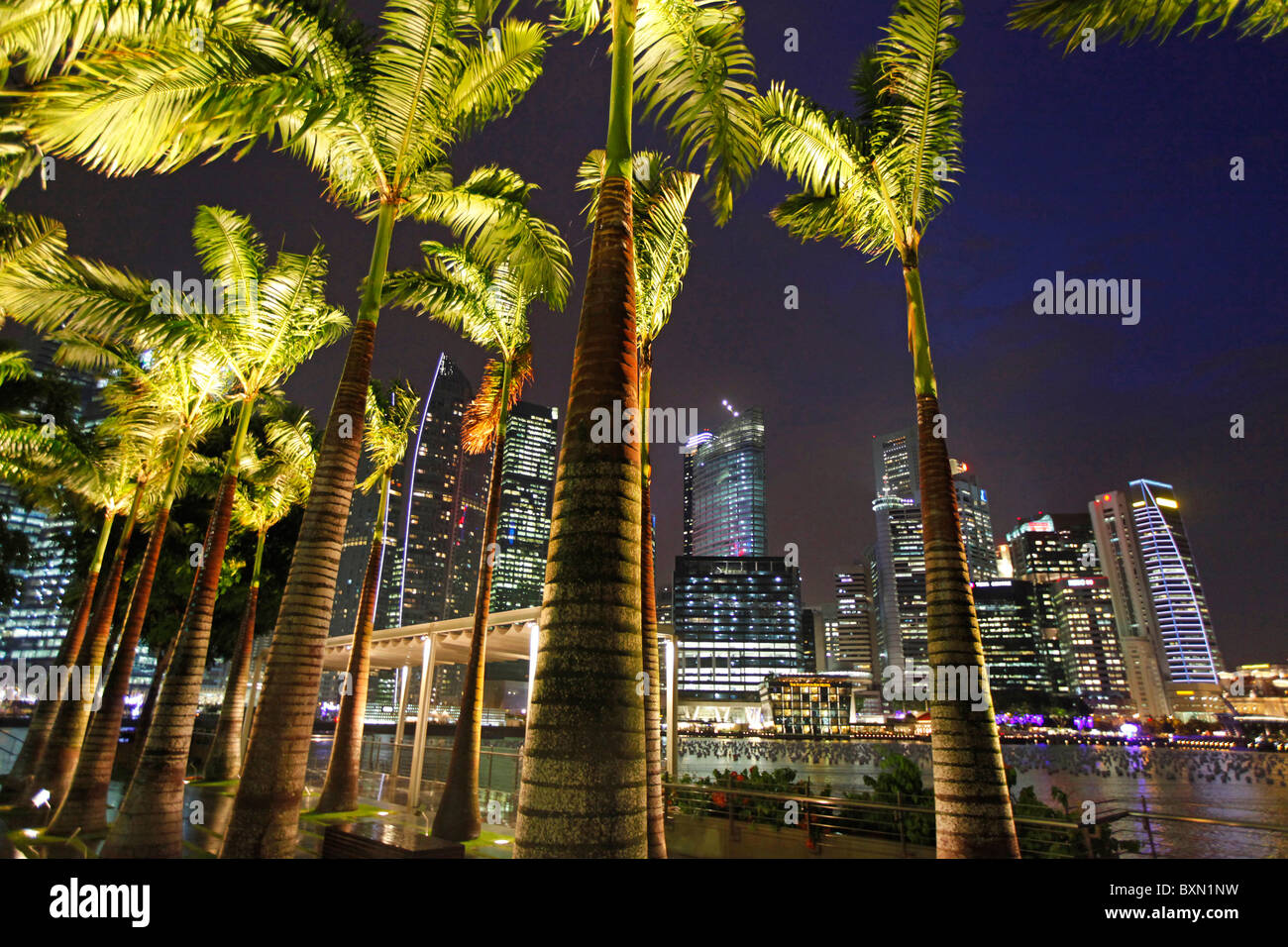 Singapore Marina Bay e lo skyline del quartiere finanziario di notte Foto Stock