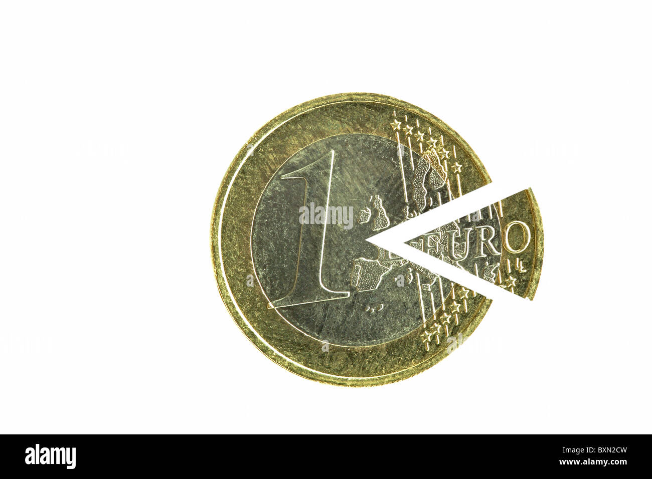 Una moneta euro diviso in due condivisioni Foto Stock