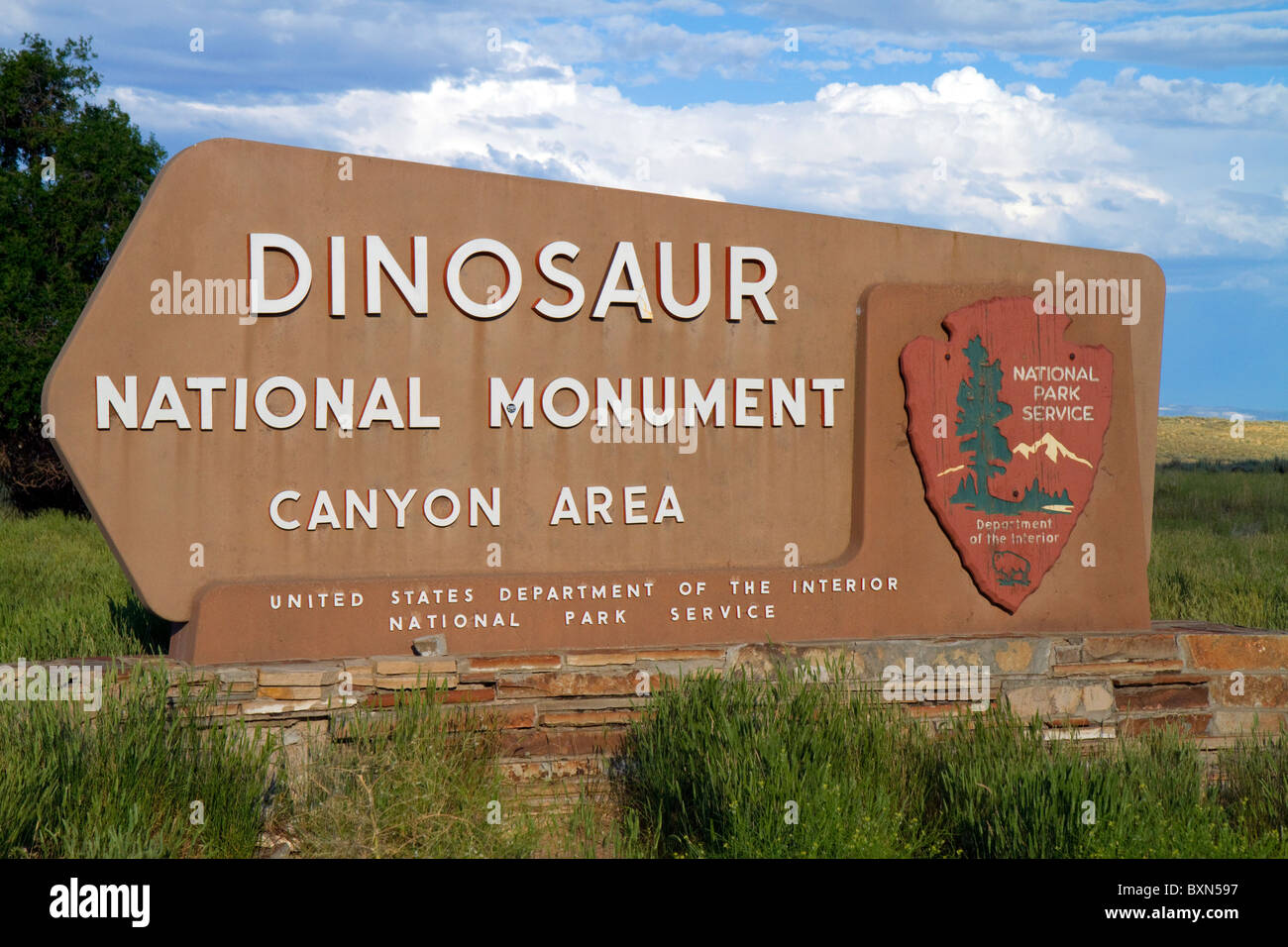 Dinosauro Monumento Nazionale Area Canyon sign in Moffat County, Utah. Foto Stock