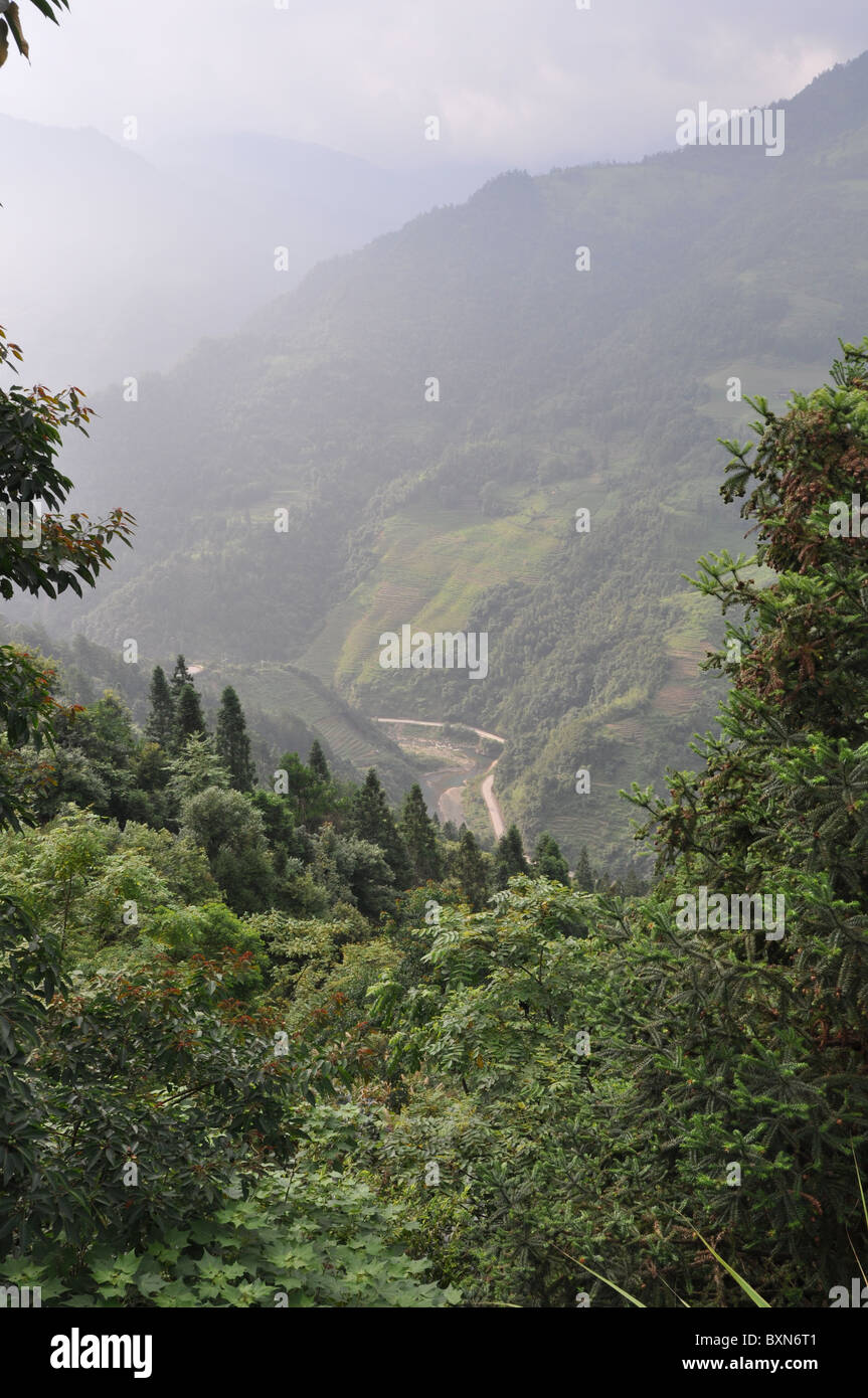 Una stretta strada lontano in giù nella valle, Cina del Sud Foto Stock