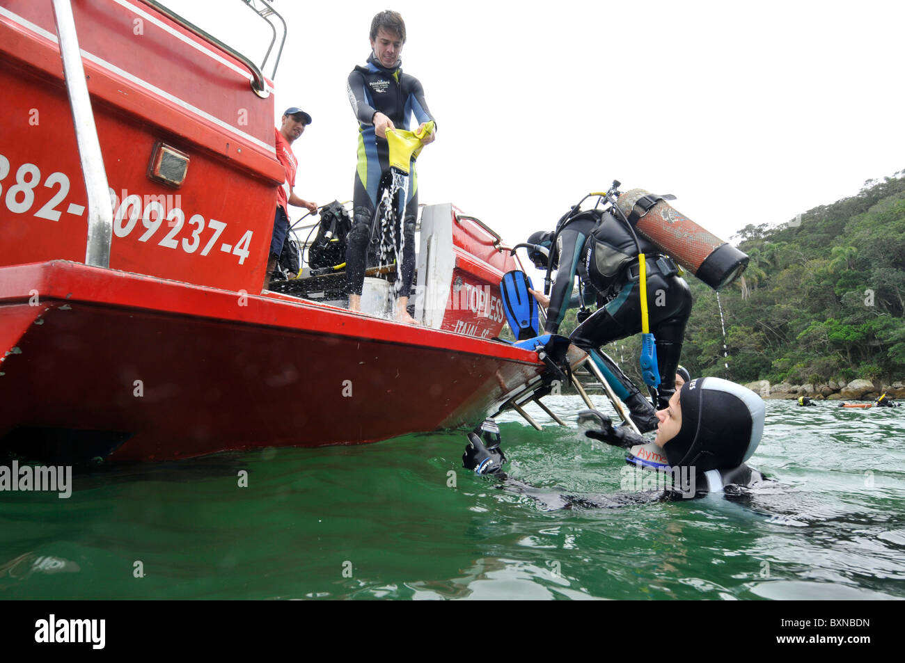Staff Picks su cambio come subacquei ritorno alla barca, Bombinhas, Santa Catarina, Brasile Foto Stock