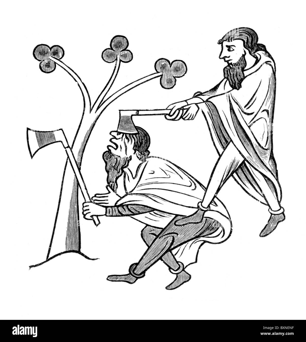 Irlandesi in lotta con assi, dal XIII secolo manoscritto illuminato, MS Royal 13 B VIII; Bianco e Nero illustrazione; Foto Stock