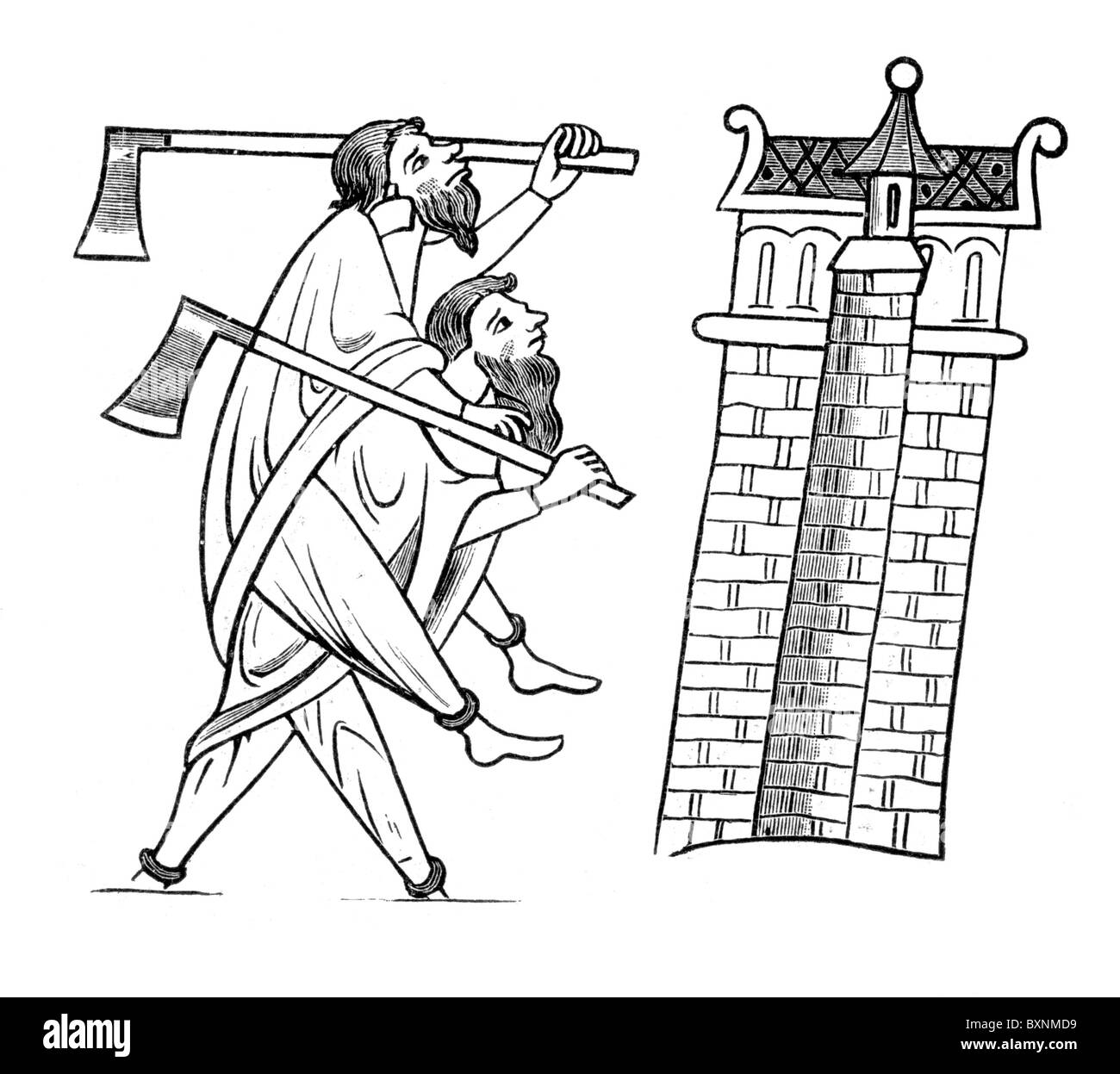 Irlandesi che attacca un Tower, dal XIII secolo manoscritto illuminato, MS Royal 13 B VIII; Bianco e Nero illustrazione; Foto Stock