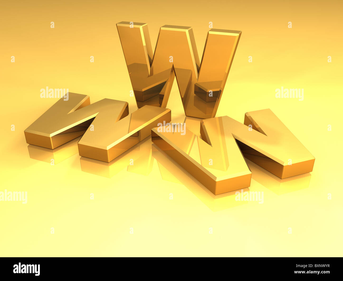 Oro lettere www su un piano riflettente, 3D render Foto Stock