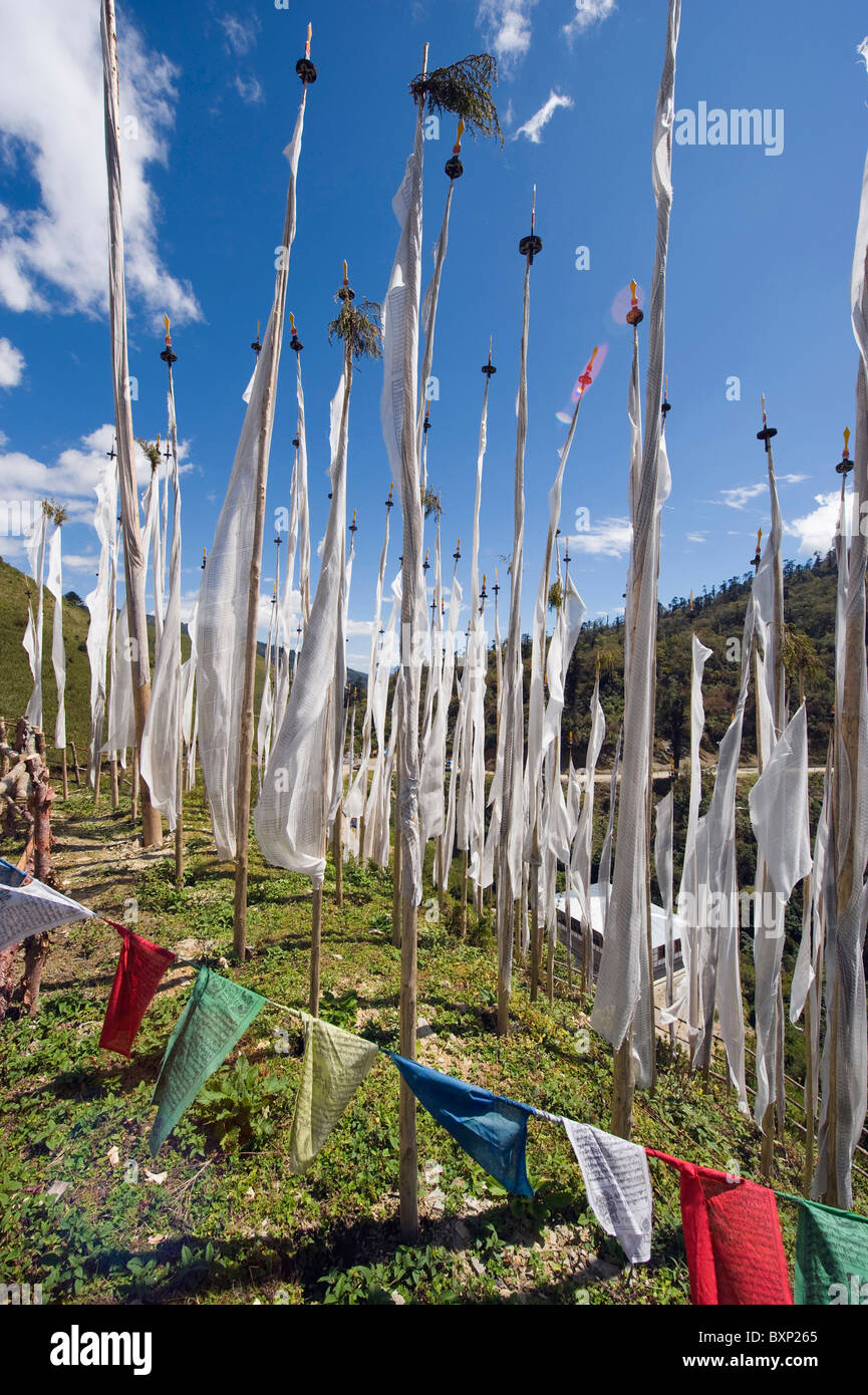 Orazione funebre bandiere a Pele La pass (3420m), la Montagna Nera, Bhutan Asia Foto Stock