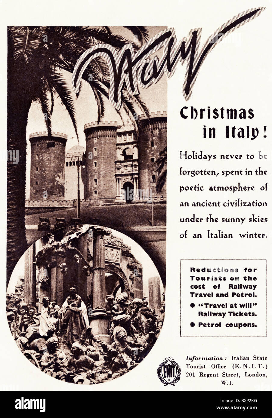 Annuncio rivista utilizzato circa 1951 per le vacanze di Natale in Italia Foto Stock