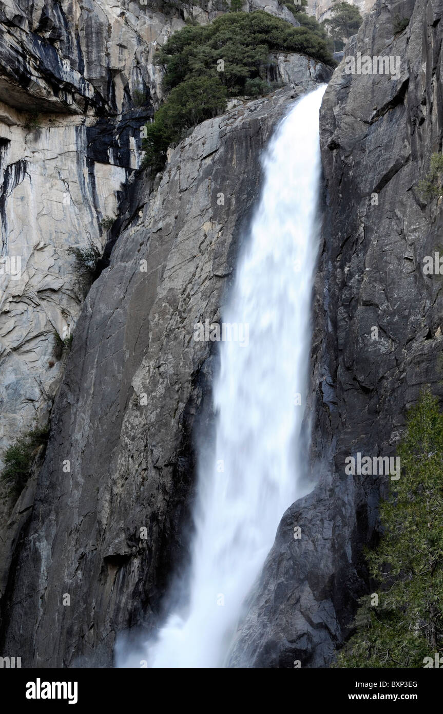 Abbassare Yosemite Falls cascate di fondo sezione Parco Nazionale di Valley California USA Foto Stock