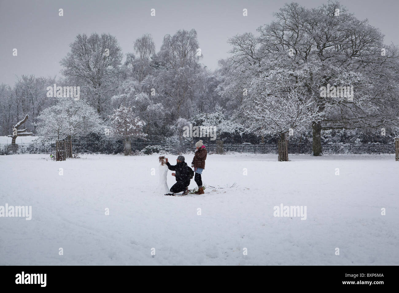 Coppia giovane costruire un pupazzo di neve a Richmond Park ,Surrey, Inghilterra Foto Stock