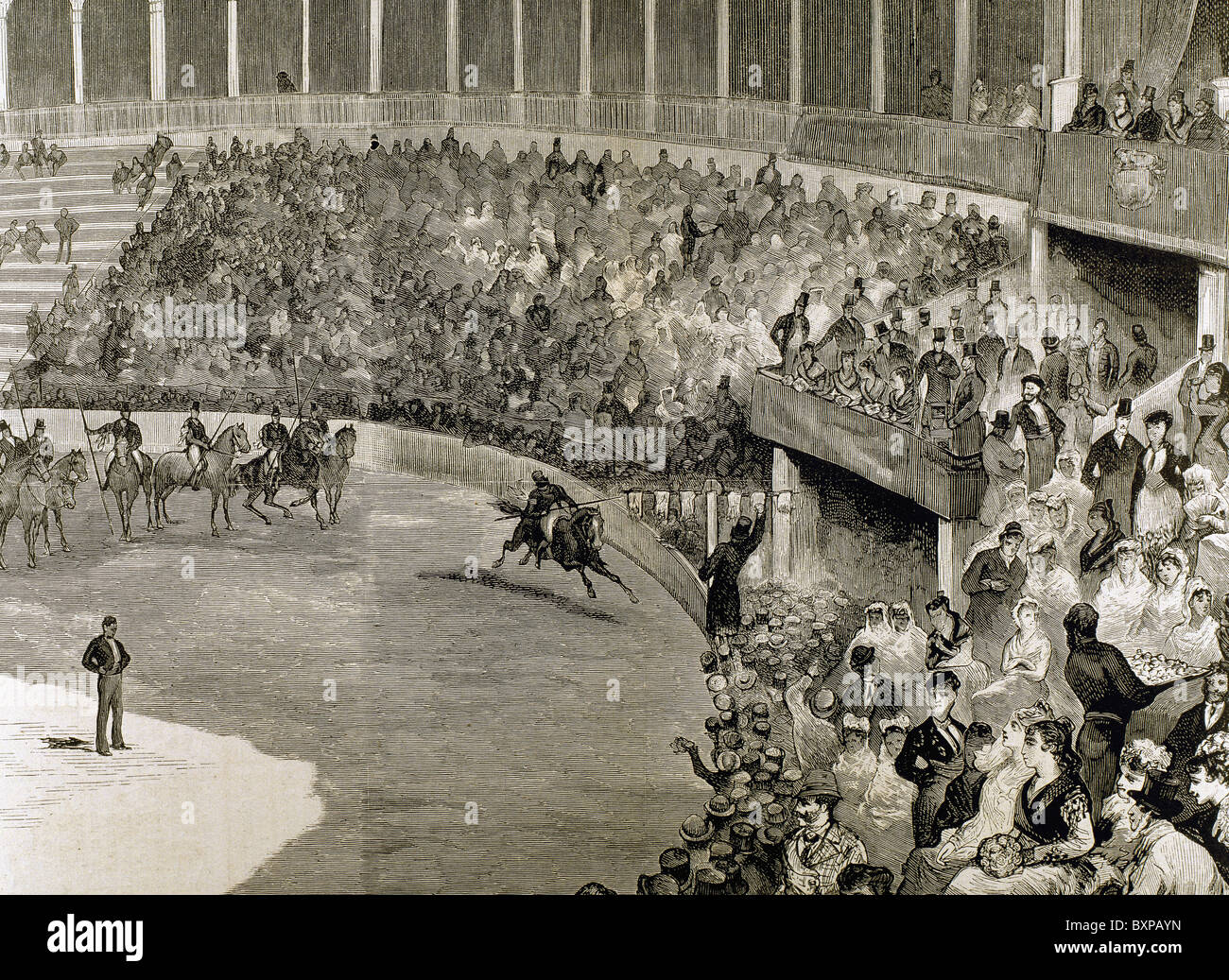 Nastri di corse che si tiene in onore del re Alfonso XII. Siviglia corrida. Dicembre 29, 1878. Incisione di Giovanni Comba. Foto Stock