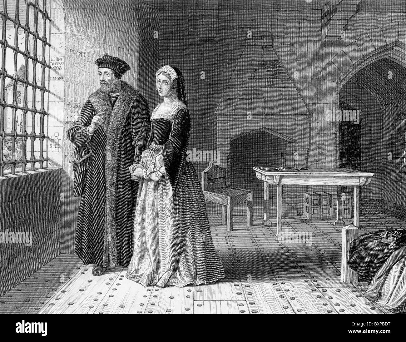Sir Thomas More imprigionato nella Torre di Londra e la sua figlia Margaret; Bianco e Nero illustrazione; Foto Stock
