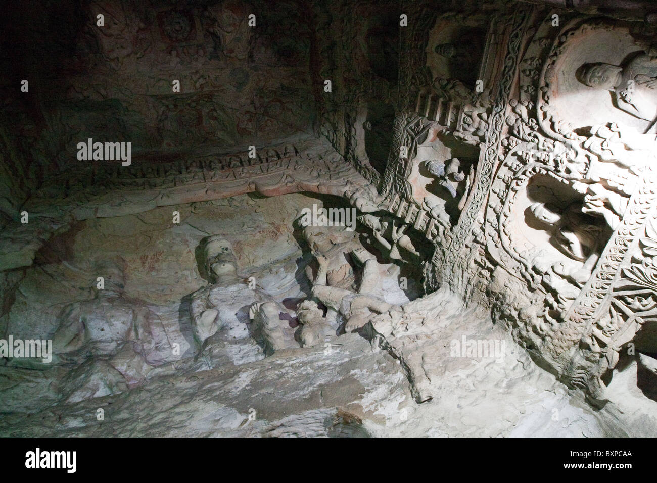 Grotta 7 prima grotta 471 - 494 494 annunci, Yungang Grotto, Cloud Ridge Grotta, buddista sculture in pietra, Northern Wei periodo, di Datong, Cina Foto Stock