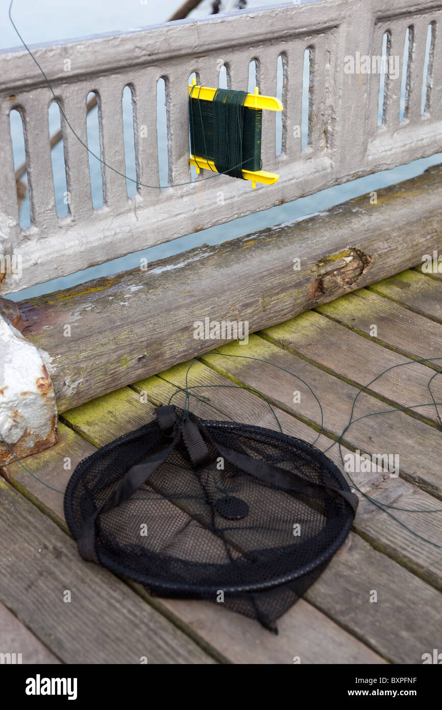 La pesca o pescando granchi e linea Net su Beaumaris Pier Isola di Anglesey North Wales Foto Stock