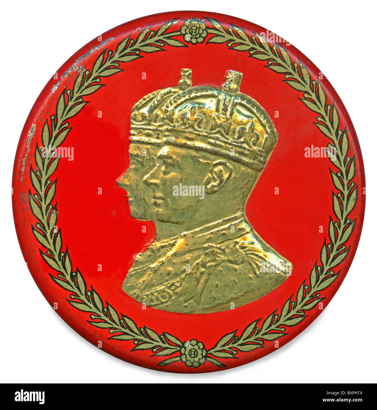 Una scatola di biscotti Commemorando l incoronazione nel 1937 di Re Giorgio VI con un'immagine in rilievo del re e della regina Elisabetta Foto Stock