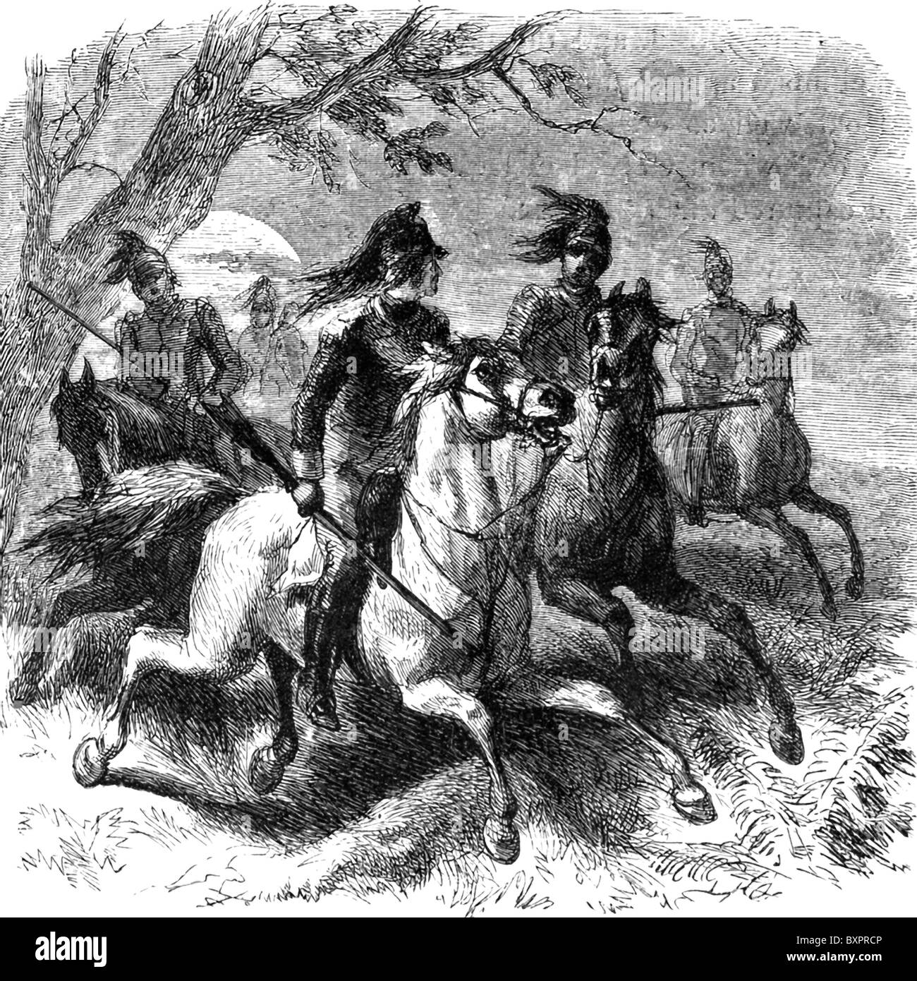 Francis Marion, un americano leader partigiano durante la Rivoluzione Americana, persegue il britannico con la sua cavalleria. Foto Stock