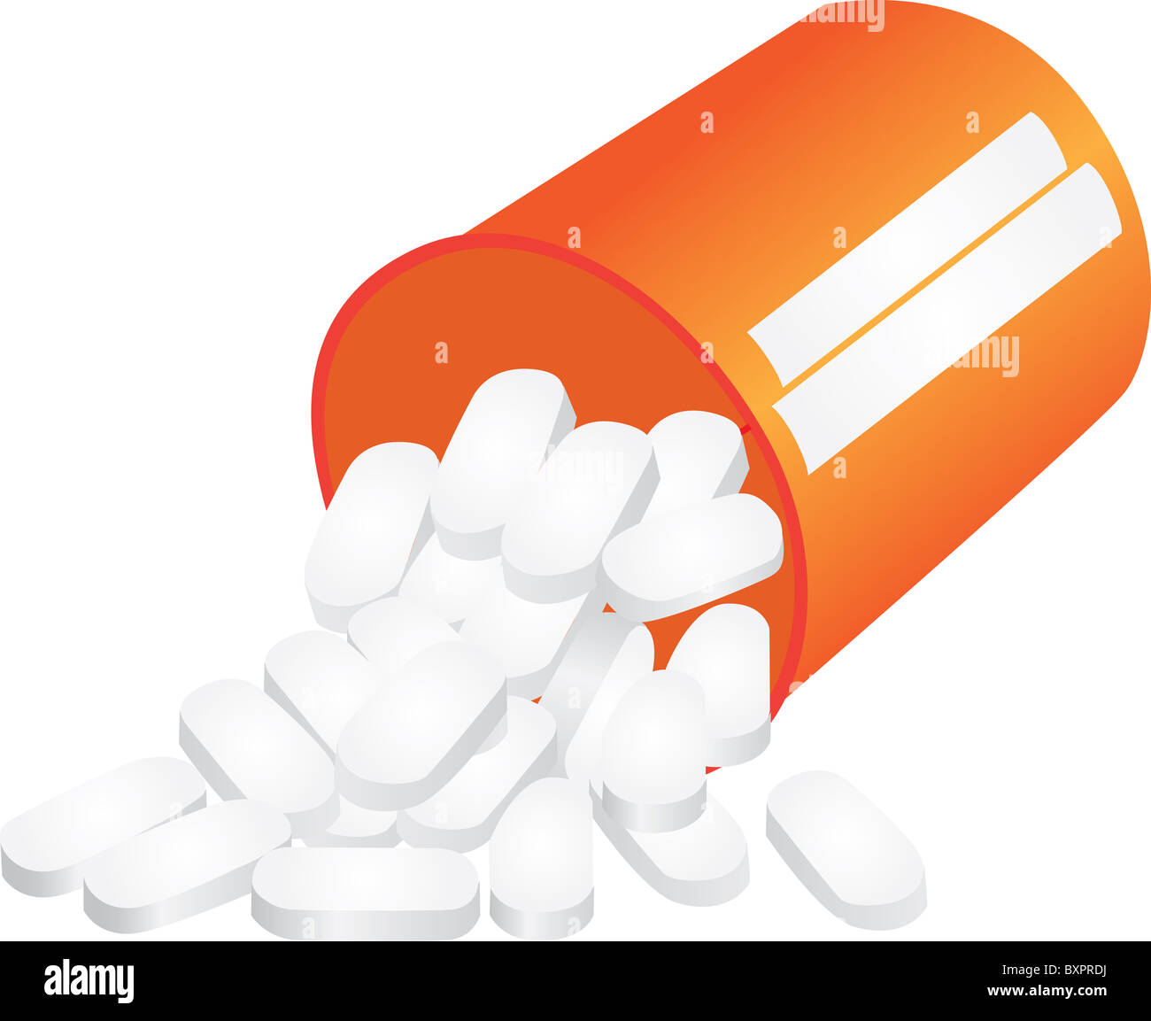 Tridimensionali di illustrazione delle pillole medicinali fuoriuscita della bottiglia, isolati su sfondo bianco. Foto Stock