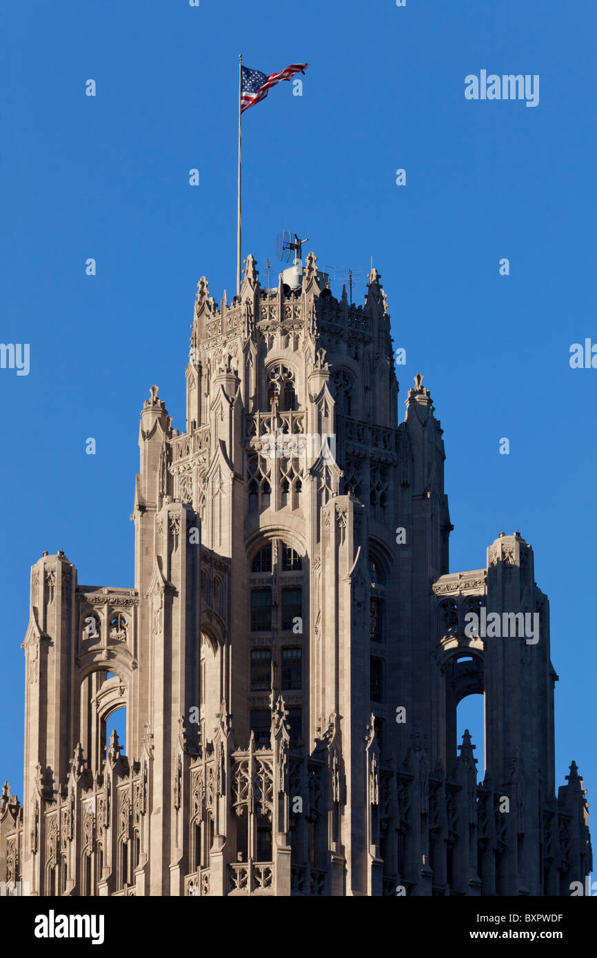 Dettaglio del Chicago Tribune tower, Chicago, Illinois, Stati Uniti d'America Foto Stock