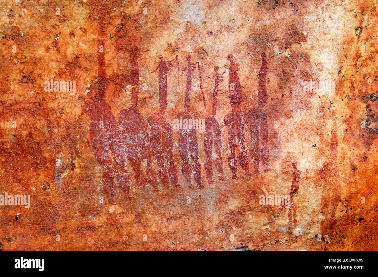 Sette dancing San donne, preistorici pitture rupestri dalla popolazione San, montagne Cederberg, Provincia del Capo Occidentale, Sud Africa Foto Stock