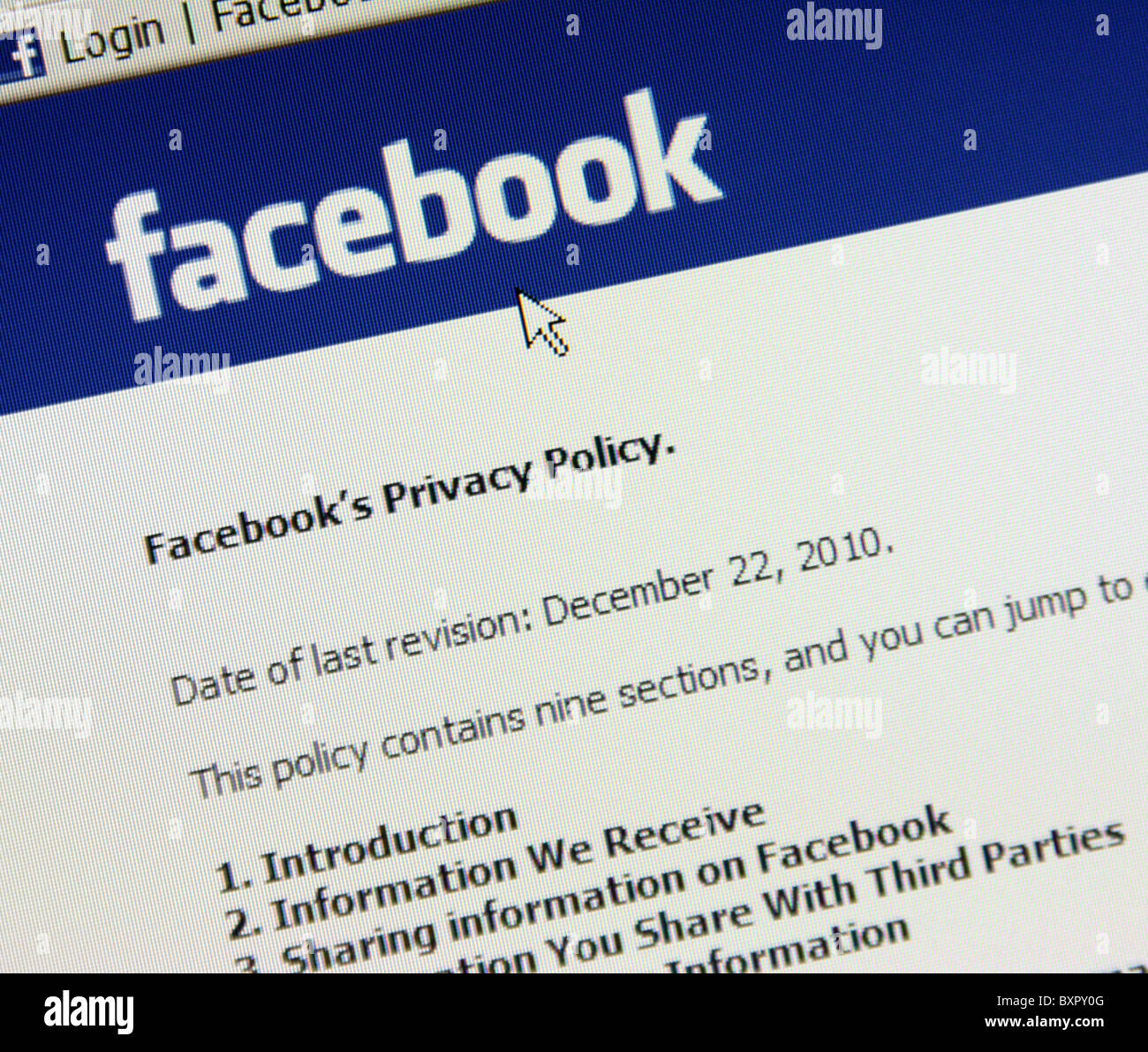 Facebook privacy policy 2010 Foto Stock