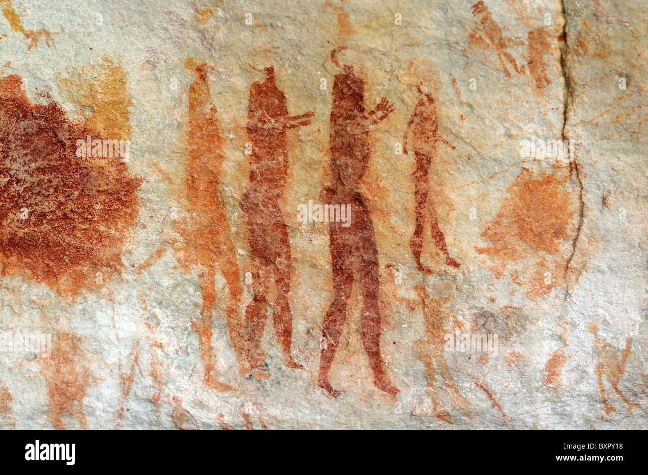 Gruppo di ballerini, preistorici pitture rupestri dalla popolazione San, montagne Cederberg, Provincia del Capo Occidentale, Sud Africa Foto Stock