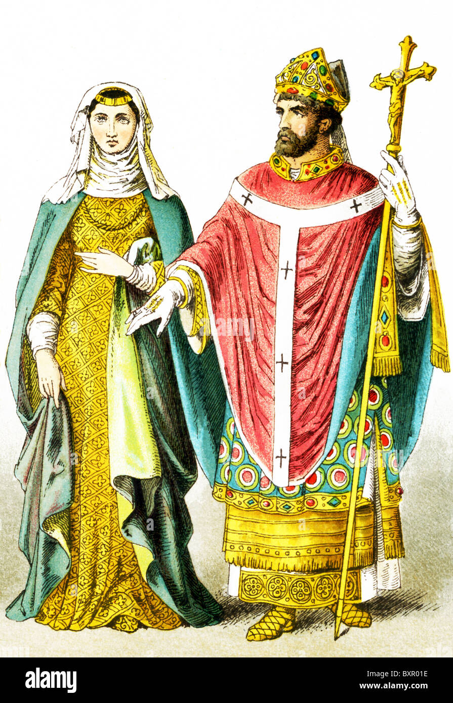 Le figure qui rappresentate sono una signora inglese di rango e un vescovo inglese intorno A.D. 1200. Foto Stock