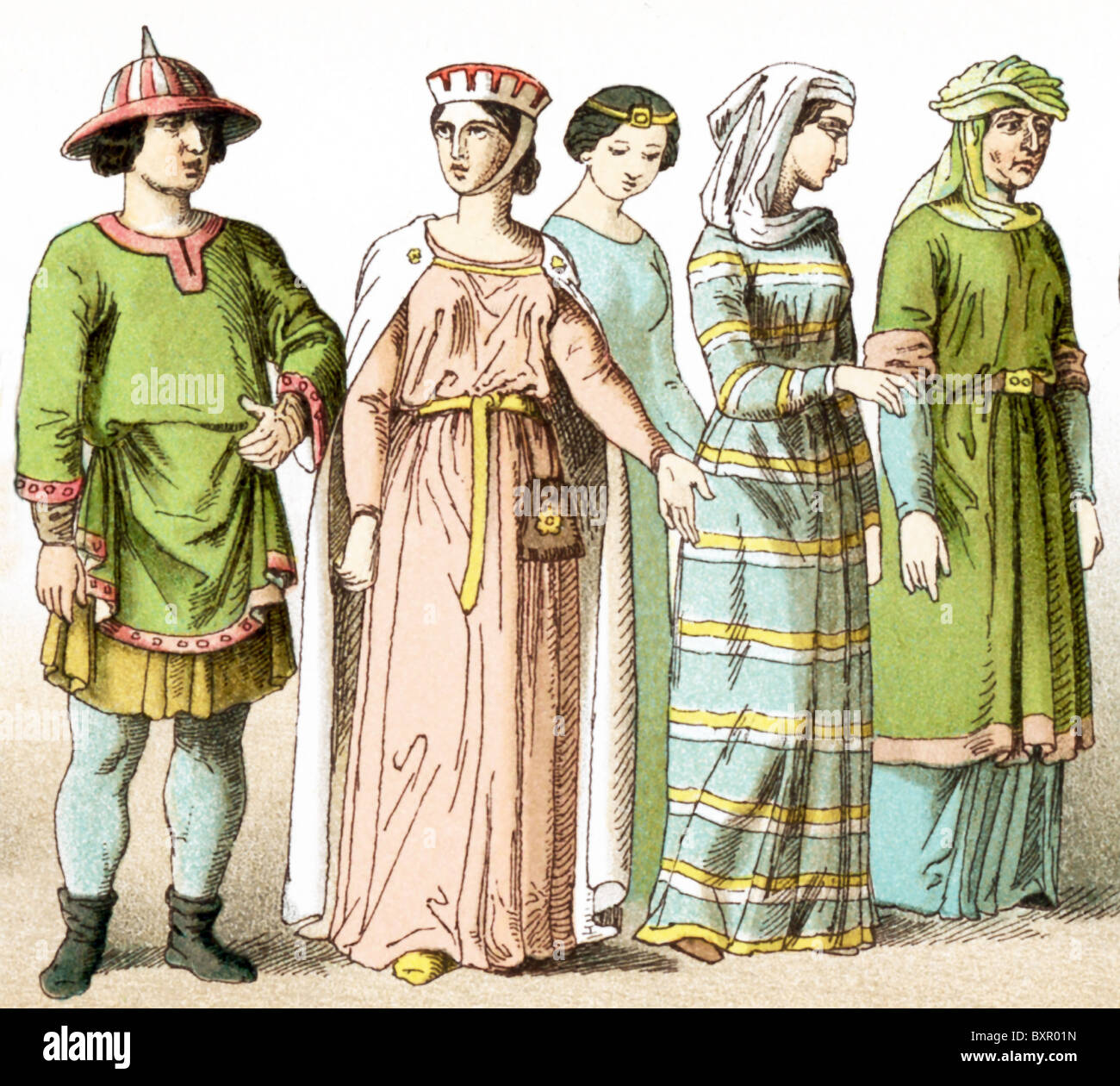 Le figure rappresentano il popolo francese circa A.D. 1100. Essi sono, da sinistra a destra: un uomo di rango e quattro dame di rango. Foto Stock