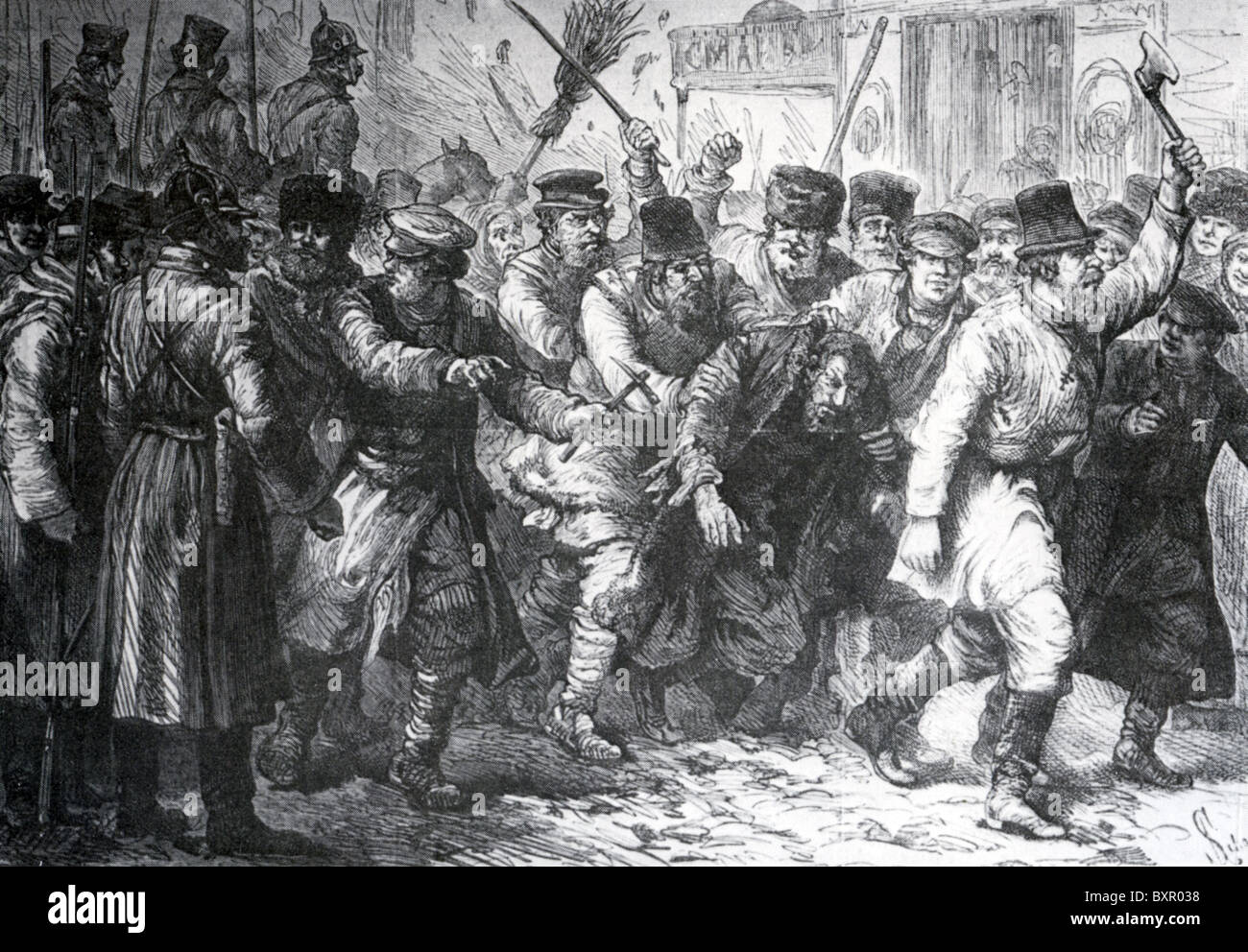 KIEV POGROM 1881 dopo l'assassinio di Alessandro II. Regola Mob prende il sopravvento mentre i soldati in stand by. Foto Stock