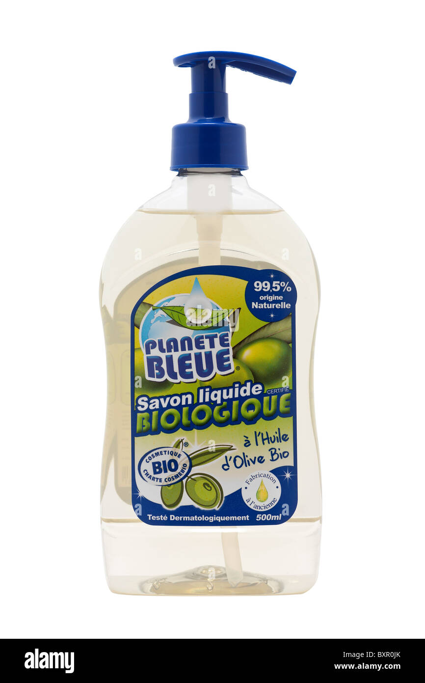 Una bottiglia di un liquido organico sapone con olio di oliva biologico. Il SAVON liquide biologique à l'Huile d'oliva bio en flacone. Foto Stock