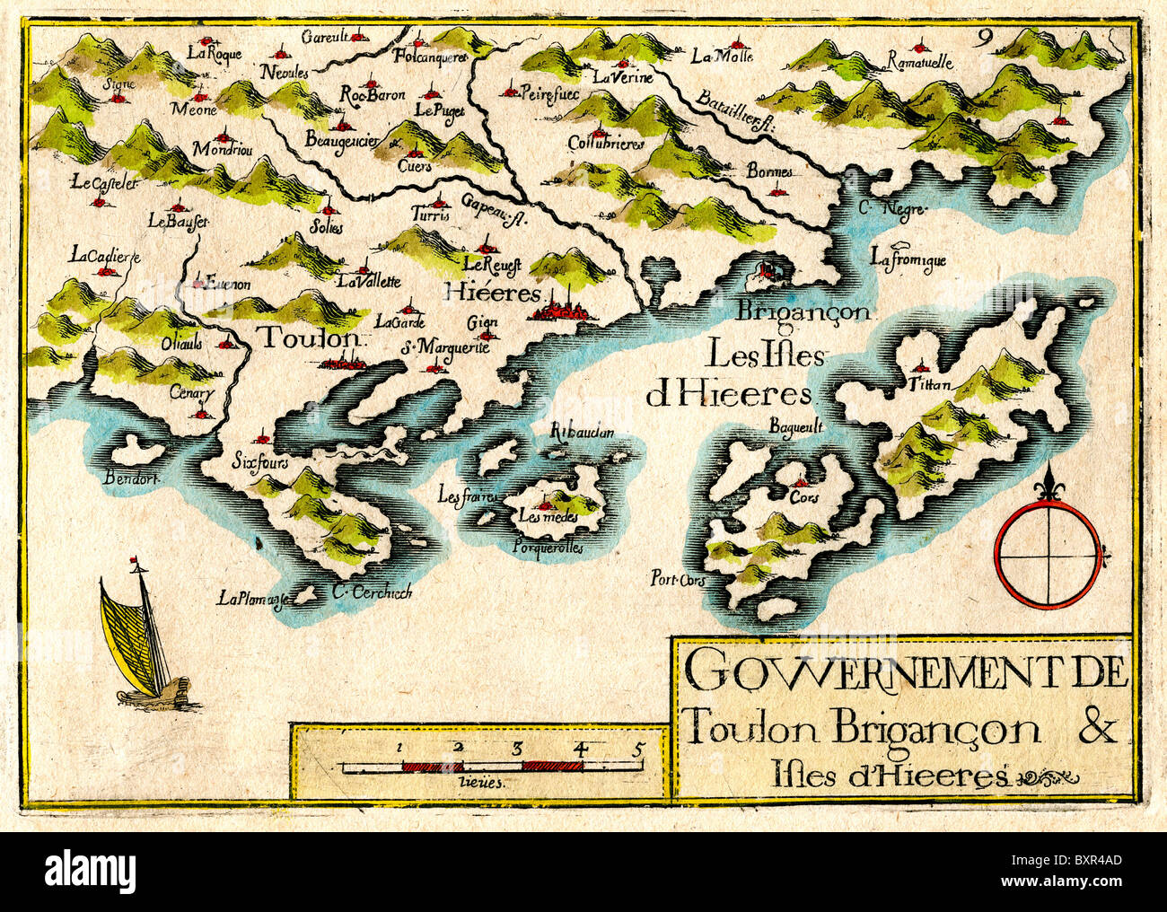 Îles d'Hyères, Isole di Port-Cros, Levant e Porquerolles, Provenza, Francia (carta vecchia o d'epoca di Nicolas Tassin, 1636) Foto Stock