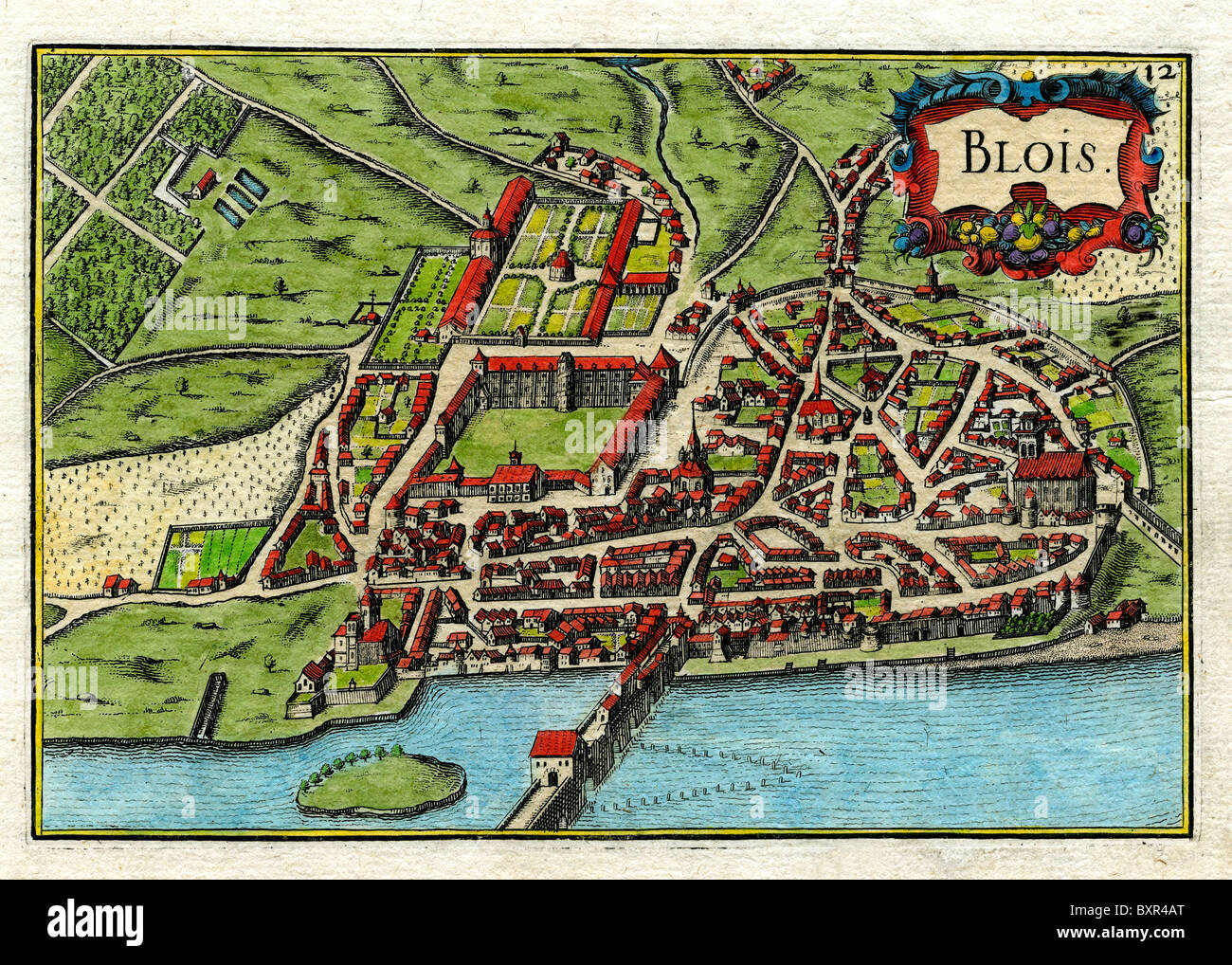 Vecchia mappa o piano di Blois e del fiume Loira, dipartimento della Loira e dello Cher, Francia (incisione di Nicolas Tassin, 1636) Foto Stock