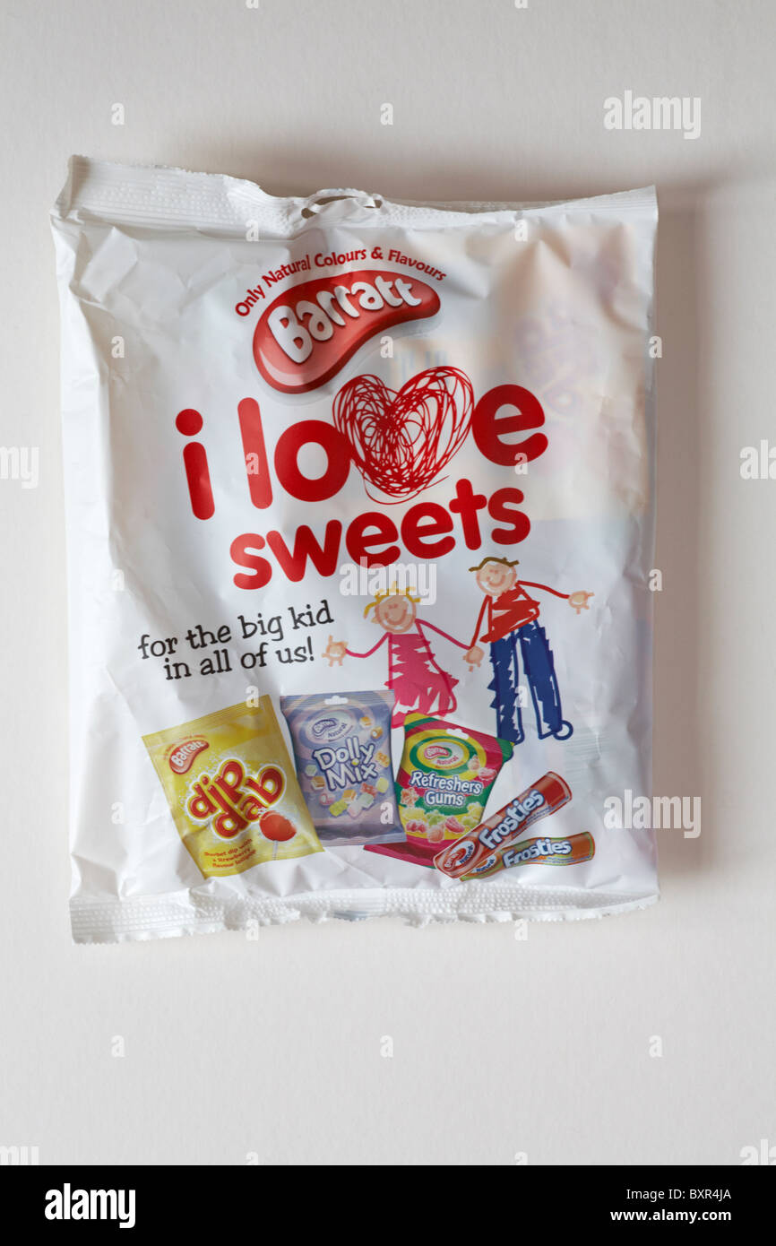 Borsa di Barratt's io amo i dolci per il grande kid in tutti noi isolati su sfondo bianco Foto Stock