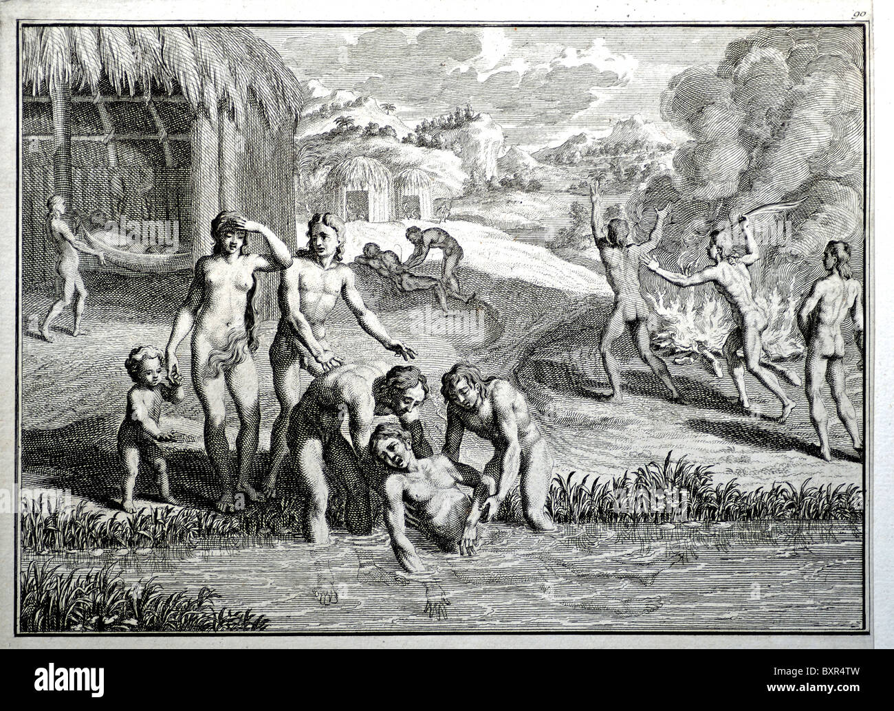Amerindian, nativi americani o indiani pratiche funerarie, riti sepolcrali e danza, Venezuela (incisione di Bernard Picard, 1723) Foto Stock