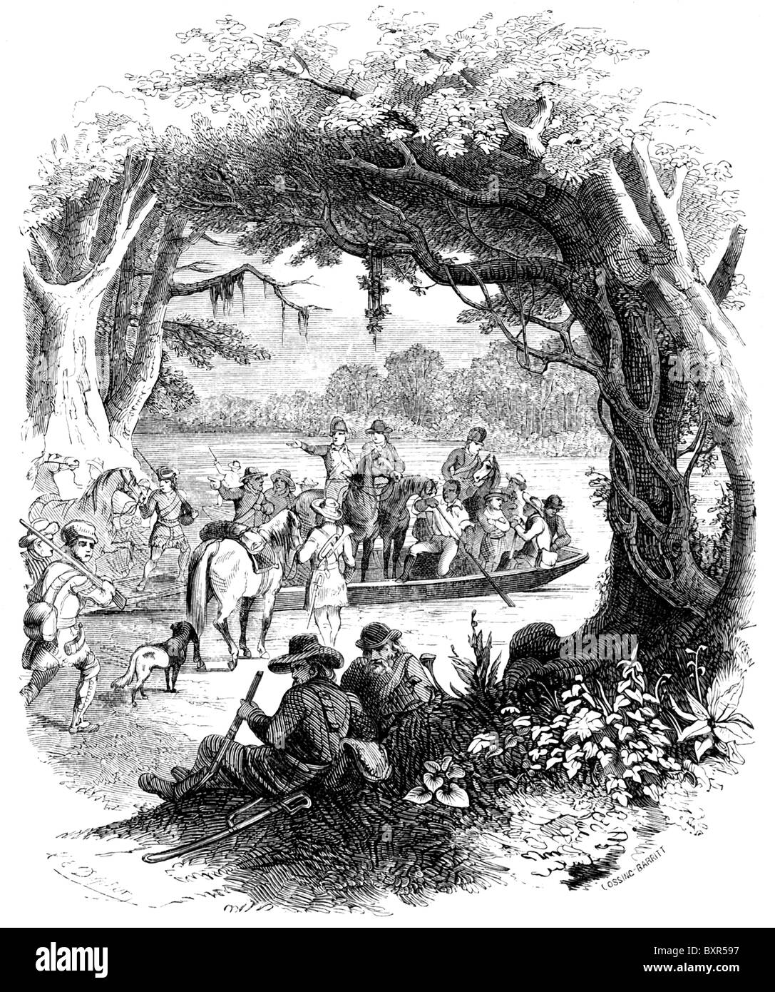 Generale Nathanael Greene attraversato il fiume Dan con le sue truppe nella campagna di Carolina durante la Rivoluzione Americana. Foto Stock