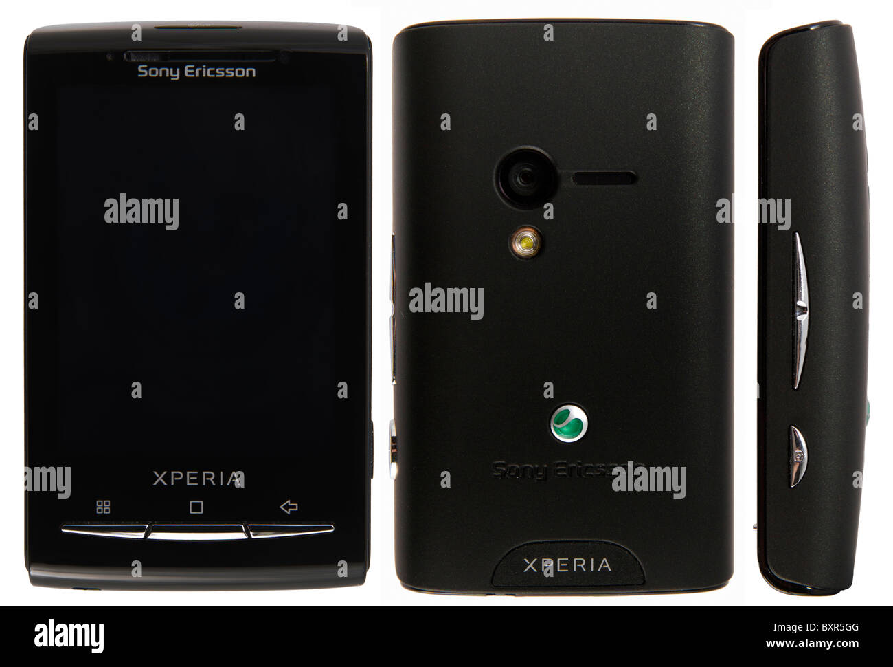 Anteriore, posteriore e laterale del Android smartphone Sony Ericsson Xperia X10 mini, su sfondo bianco. Foto Stock