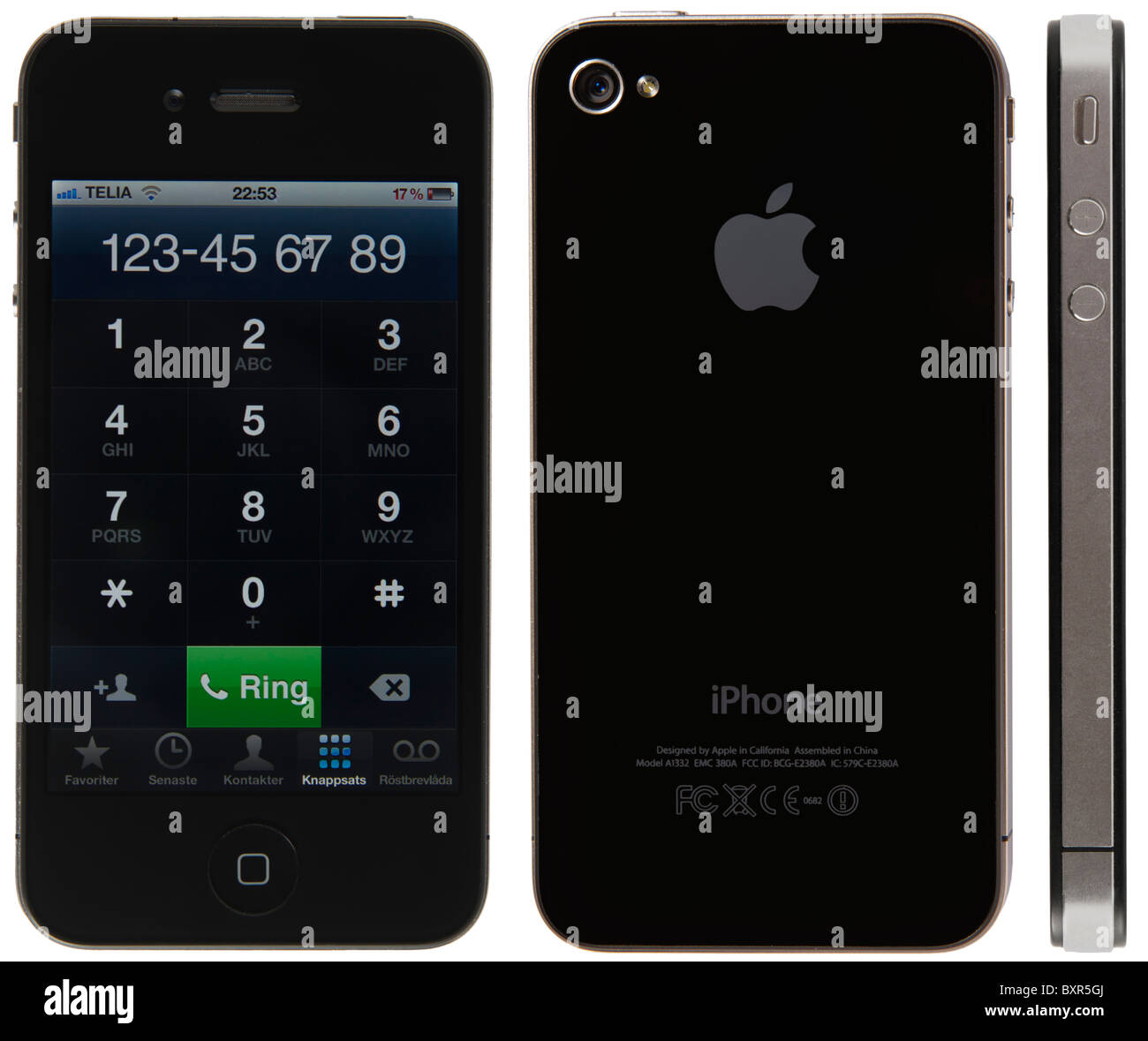 Anteriore, posteriore e laterale di un Apple iPhone 4 su sfondo bianco. Foto Stock